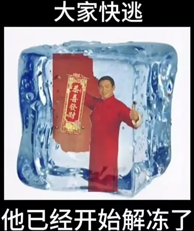 图片中一名身着红色传统服饰的男子手持写有“恭喜发财”的红色卷轴，整个人被包裹在一块巨大的蓝色冰块中。冰块外上方配有文字“大家快逃”，下方配有文字“他已经开始解冻了”。画面通过将原本喜庆的春节元素（红色服饰、恭喜发财卷轴）与“快逃”“解冻”等带有紧迫感的文字结合，形成幽默反差，暗讽某些春节期间频繁出现的喜庆形象或祝福内容可能带来的“视觉轰炸”，引发观者会心一笑。