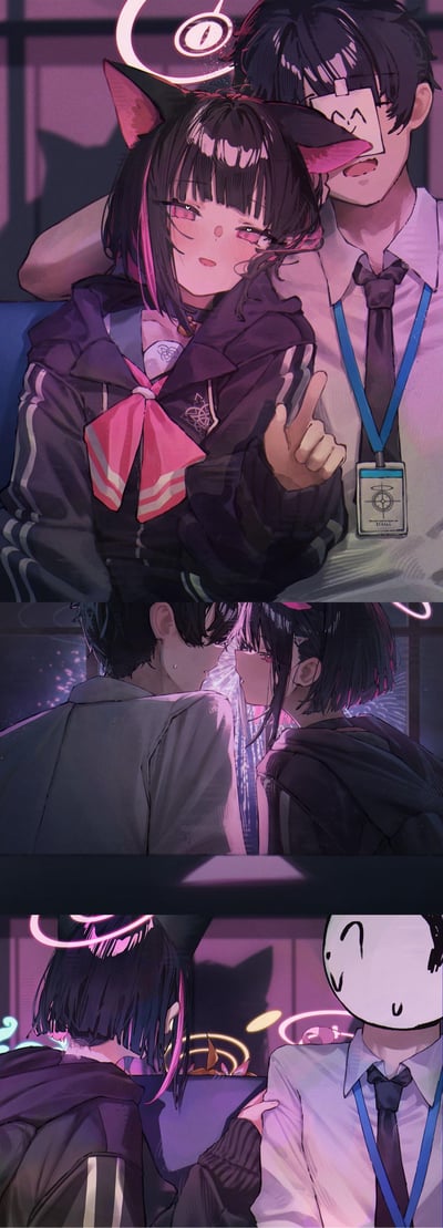 这是一幅三格的竖版同人漫画，描绘了《蔚蓝档案》里的杏山和纱与老师的温馨暧昧时刻：
1. 第一格：微醺脸红的杏山和纱带着猫耳，亲昵地靠在戴面具的老师怀里，还比出一个手势，老师的姿态带着宠溺的无奈；
2. 第二格：两人近距离对视，氛围暧昧，背景有闪烁的光效烘托氛围；
3. 第三格：杏山和纱拿出准备好的礼物，老师的面具上露出了惊讶的表情，整体场景在夜晚的室内，色调偏紫，氛围温馨甜蜜。
图中没有双关、谐音梗或暗示内容。