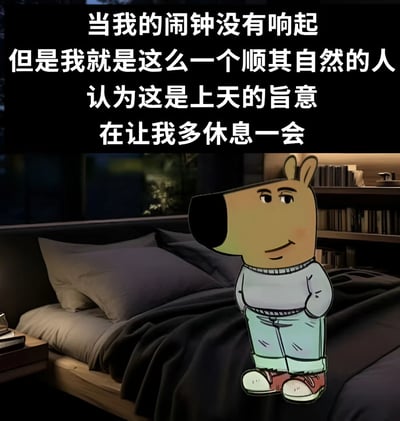图片展示了一个真实卧室场景，内有床铺、灰色枕头、深色被子及书架，床边站着一个穿着白色毛衣和浅蓝色裤子的卡通狗角色。上方文字内容为：“当我的闹钟没有响起 但是我就是这么一个顺其自然的人 认为这是上天的旨意 在让我多休息一会”，幽默地表达了闹钟未响时，以“顺其自然”为借口多休息的轻松心态。