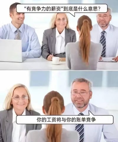 这是一张上下分栏的职场面试梗图：
上半部分呈现常规面试场景，扎马尾的面试者向三位面带微笑的面试官提问：“‘有竞争力的薪资’到底是什么意思？”，这里的“有竞争力的薪资”原本是招聘话术里指薪资水平不低于同行的说法；
下半部分是面试官的回答，右边的男面试官笑着说出“你的工资将与你的账单竞争”，玩了文字梗，把原本的“与同行薪资竞争”曲解成工资和自己的生活账单竞争，用反讽的方式吐槽薪资过低，根本覆盖不了日常开销，精准戳中职场人的痛点，搞笑又扎心。