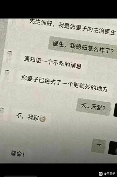 这是一张虚构的聊天记录截图，内容围绕患者丈夫与妻子的主治医生展开对话：医生首先以告知不幸消息的口吻开场，称患者“去了一个更美妙的地方”，让丈夫误以为妻子离世去往天堂，随后医生却给出“我家”的离谱答案，打破了悲伤的预期，最后丈夫回复“遵命！”，进一步强化了这段对话的荒诞感，整体是通过无厘头的反转制造搞笑效果的段子，完全脱离了正常医患沟通的逻辑，用夸张的设定博人一笑。