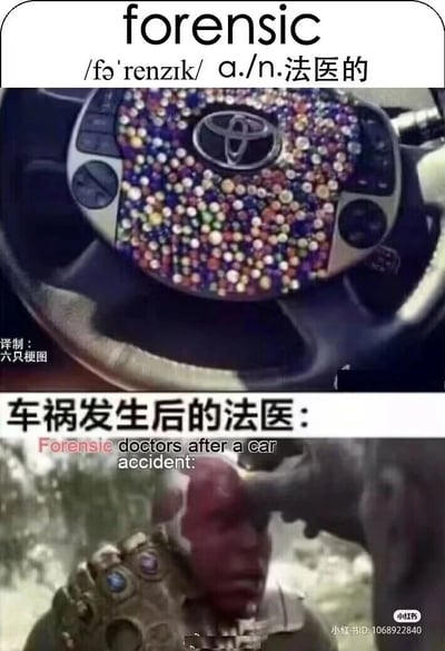 这是一张上下结构的对比梗图，上半部分展示了一个贴满彩色水钻的丰田汽车方向盘，上方配有英文单词“forensic”及其音标和中文释义“法医的”；下半部分是漫威电影《复仇者联盟4：终局之战》的截图，画面是灭霸被无限手套击中面部，脸部受伤泛红的场景，配文“车祸发生后的法医：”以及英文“Forensic doctors after a car accident:”。这个梗利用视觉相似性和语境玩梗：满钻方向盘在车祸中会在死者脸上留下类似被无限宝石手套击中的伤口，法医面对这样的场景时，视觉上和电影画面高度重合，以此调侃车祸现场法医的特殊遭遇，用夸张的影视画面来具象化这种惨烈场景，制造荒诞搞笑的效果。