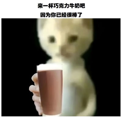 图片上方有两行黑色文字“来一杯巧克力牛奶吧 因为你已经很棒了”，下方主体画面中，一只手握着一杯顶部有奶泡的巧克力牛奶，杯子呈棕色，背景为黑色，隐约可见一只黄色的猫，面部模糊，整体给人温暖治愈的感觉，用于传递鼓励和安慰的情绪。