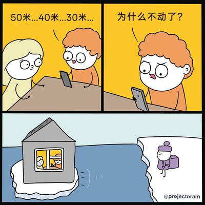 这是一幅三格连环卡通漫画，第一格中，红卷发男子和金发女子同坐在桌边，男子盯着手机兴奋地念着外卖的实时距离：“50米...40米...30米...”，女子在一旁注视着他；第二格中，男子的表情从兴奋转为疑惑和不满，皱着眉对着手机质问：“为什么不动了？”；第三格揭开了谜底，原来两人居住在一块漂浮的冰山上的小房子里，随着冰山不断漂走，而外卖员站在另一块固定的冰原上，两者的距离不再缩短，导致手机上的外卖距离停住，用荒诞夸张的场景制造出搞笑的效果，调侃了外卖配送中遇到的距离停滞的状况。