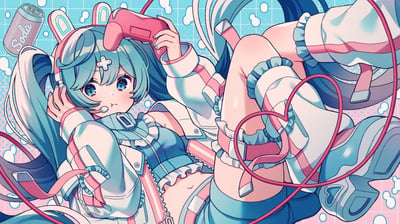 这是一张风格清新甜美的二次元插画，主体是VOCALOID的虚拟角色初音未来。她身着粉白配色的游戏主题服饰，戴着带有兔耳造型的耳机，一手扶着耳机，一手握着粉色游戏手柄，双腿抬起，手柄的线缆在画面中绕出了心形的形状。背景是粉蓝渐变的网格图案，点缀着气泡元素，左上角还有一罐写着“Soda”的汽水。角色嘟着嘴，眼神认真中带着一丝小委屈，仿佛正专注于游戏，整体氛围充满了宅系少女的软萌可爱感。