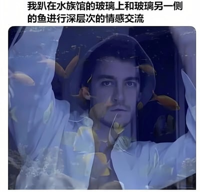 图片上方配有文字“我趴在水族馆的玻璃上和玻璃另一侧的鱼进行深层次的情感交流”，下方主体画面是一个男人的面部特写，他表情严肃，双臂举起，背景中叠加了多条橙色的鱼在水中游动，形成一种男人趴在水族馆玻璃外侧，与内侧的鱼“隔玻璃对视”的视觉效果。整体通过荒诞的文字描述与画面中人物一本正经的表情形成反差，营造出幽默搞笑的氛围。
