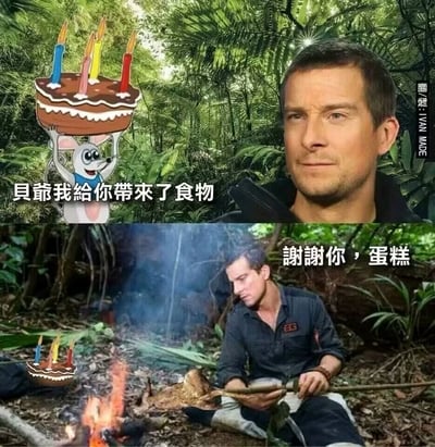 这是一张上下拼接的搞笑二次创作梗图，上半部分设定在丛林场景中，一只举着插有蜡烛的卡通蛋糕的老鼠，对着表情平静的贝尔·格里尔斯（贝爷）说道“贝爷我给你带来了食物”；下半部分是贝爷身处丛林篝火旁，正用木棍处理烤制的野味，一旁的卡通蛋糕被放在地上，贝爷配文“谢谢你，蛋糕”。该梗图结合贝爷在《荒野求生》节目中什么都能吃的经典人设，通过反差感制造笑点，看似感谢蛋糕，实则在享用野外野味，调侃贝爷的硬核生存风格。