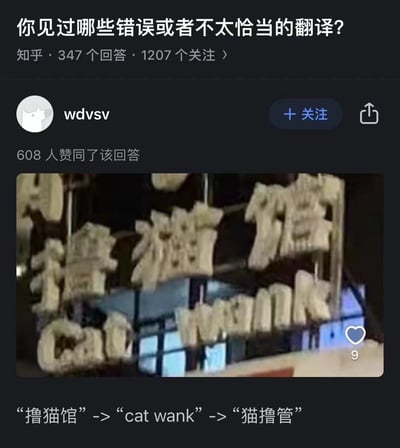 这张梗图展示了一个关于中文店名“撸猫馆”的离谱英文翻译笑话。原意是英文的“撸猫馆”应该是cat cafe或pet the cat等温和表达，但店家却误翻成了“cat wank”。wank在英文中为俚语，意指某种尴尬不雅的行为，这种机翻导致意思完全跑偏，形成了巨大的文化误会和幽默反差。这种翻译上的低级错误，经常在中国各类商店、餐馆招牌英文翻译中见到，属于中式英语经典搞笑案例。

**双关/暗示点**：wank在英语里有不雅含义，而店家显然不知，形成极度反差和尴尬的幽默效果。