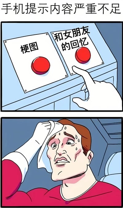 上图为一个控制面板，有两个红色按钮，分别标注“梗图”和“和女朋友的回忆”，一只手正指向“和女朋友的回忆”按钮；下图是一名穿红色衣服的男子，正用毛巾擦着额头的汗，表情惊恐，眉头紧锁，显得十分焦虑。图片顶部配有文字“手机提示内容严重不足”，整体通过幽默的方式展现了当手机内存不足时，在保存梗图和与女朋友的回忆之间面临的两难选择。