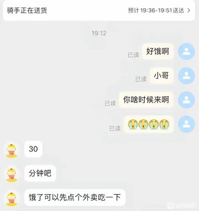 这是一张外卖APP的聊天记录竖屏截图，用户因饥饿向骑手发送消息催单：“好饿啊”“小哥”“你啥时候来啊”，还配上四个大哭表情；骑手先回复“30分钟吧”，随后补了一句“饿了可以先点个外卖吃一下”，形成了搞笑的循环梗，让催单的用户陷入哭笑不得的境地，充满了无厘头的幽默感。