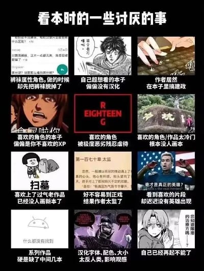 这是一张3x4网格布局的多图拼接梗图，主题为“看本时的一些讨厌的事”，共包含12个独立场景，每个场景通过卡通插画或表情包搭配文字，吐槽同人本阅读中的各种 frustration：如想看的本子没有汉化、作者在作品中插入政治内容（建政）、喜欢的角色被极端虐恋对待、冷门作品没人画本、好不容易等到更新结果作者太监、系列作缺中间几本、汉化工字体配色反人类等。整体风格幽默接地气，精准戳中同人爱好者的痛点，引发共鸣。