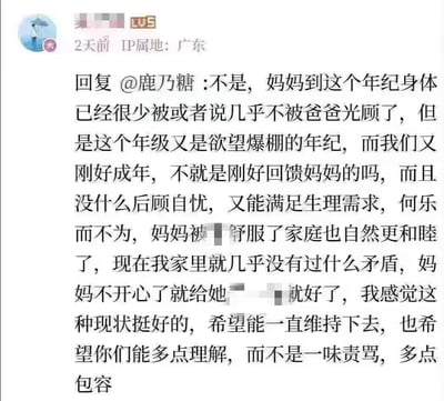 这是一张社交媒体平台的评论截图，IP属地为广东的LV5用户在回复其他用户时，发表了严重违背人伦道德的言论。该用户声称自己与母亲发生不伦关系，认为这种行为既能满足双方生理需求，又能维持家庭和睦，还表示母亲不开心时就用这种方式安抚，希望其他网友能理解、包容这种行为，而非指责。评论中的低俗内容部分被打码处理，整体内容三观扭曲，违背社会公序良俗。