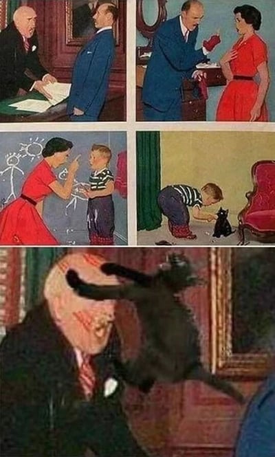 这是一张由六格复古风格插画组成的连环漫画，讲述了一个因果报应的幽默故事。上排左侧：一位穿黑色西装的男人正在办公桌前与另一位穿蓝色西装的男人交谈；上排右侧：一位穿蓝色西装的男人戴着红色手套触碰一位穿红色连衣裙女人的肩膀，女人做出惊讶反应。中排左侧：穿红色连衣裙的女人正在指着墙上的涂鸦训斥一个穿条纹衫的小男孩；中排右侧：小男孩正弯腰试图接近一只黑猫。下排：黑猫突然跳起攻击一位戴眼镜的男人，男人表情惊恐。整个漫画通过拼接不同场景的复古插画，形成了一个连贯且具有反转效果的叙事。