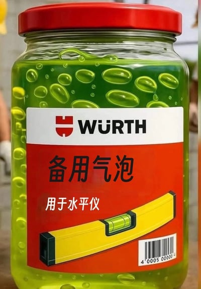 这是一张恶搞型梗图，把装满“气泡”的玻璃罐设计成了一款水平仪专用“备用气泡”商品，还模仿了品牌WÜRTH的风格。标签上写着“用于水平仪”并配有水平仪插图。现实中水平仪“气泡”无法补充，此图诙谐调侃了“备用零件天马行空想法”，带有明显创意和幽默属性。整体氛围轻松搞笑，适合五金圈、工程师、装修行业用户传播。

双关/梗说明：现实里无法为水平仪补充气泡，此为玩笑。