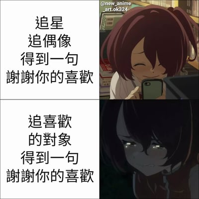 这是一张对比式动漫梗图，分为上下两格。上格中，一位红发女孩在明亮的房间里开心地看着手机，配文'追星 追偶像 得到一句 谢谢你的喜欢'；下格中，一位黑发女孩在昏暗环境中低头含泪，配文'追喜欢的对象 得到一句 谢谢你的喜欢'。通过相同回应在不同情境下引发的巨大情绪反差，幽默地表现了追星与追求现实中喜欢的人时的不同心理感受。