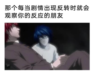 这是一张结合动漫截图与文字的搞笑梗图，上方配有文字“那个每当剧情出现反转时就会观察你的反应的朋友”，下方是截取自动漫《死亡笔记》的画面：画面左侧的魅上照坐姿放松，手搭在腿上，侧脸看向前方；右侧的L身体前倾，凑在魅上照身旁，瞪大双眼，眼神专注又带着探究感，紧紧看向一侧，生动还原了和朋友一起追剧时，有些朋友在剧情出现反转的关键节点，比起剧情本身更在意身边人反应的真实日常场景，精准戳中了好友共同追剧时的趣味瞬间。