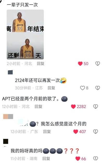 这是一张抖音评论区的竖屏截图，最上方的河北用户发布了一张用NBA球星科比·布莱恩特的24号湖人队球衣照片制作的倒计时图，配文“一辈子只发一次”，图中文字为“离年结束 还剩24天”，利用2024年、倒计时24天与科比球衣号24的数字巧合制造趣味。下方江苏用户玩梗回复“2124年还可以再发一次”，调侃下一个带24的年份还能复用这个梗。此外，还有一条高赞评论提到韩国女团NewJeans的歌曲《APT.》已经是两个月前的作品，引发其他用户的惊讶，他们表示感觉这首歌像是刚火不久，体现出网络热点传播速度快，人们对热点时间的感知存在偏差，整体是充满趣味的网络社区互动内容。