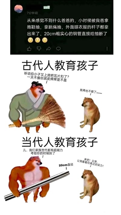 这是一张竖屏手机格式的搞笑合成梗图，整体分为三个部分。顶部是一条社交媒体评论，内容为网友分享自己童年被父亲用拖鞋、跳绳、晾衣杆甚至20cm粗实心钢管抽打，还将钢管抽断的夸张经历；中间板块以“古代人教育孩子”为主题，用拟人化柴犬形象构建场景：身着古装、手持扫帚的“父亲柴犬”，怒气冲冲地训斥曾上房扣瓦片的“孩子柴犬”，孩子则蹲坐低头求饶；底部板块是“当代人教育孩子”的场景，肌肉发达的“父亲柴犬”手持标注“20cm直径”的实心钢管，以家族超能力考验为由向孩子展示“实力”，孩子却不服气地挑衅回应。整张图通过古今教育孩子的强烈反差，结合顶部的夸张评论，用柴犬拟人表情包的趣味形式，幽默调侃了亲子关系中夸张化的体罚话题，充满荒诞搞笑的氛围。