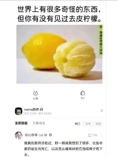 这是一张来自百度贴吧“meme图吧”的搞笑社交媒体截图，帖子上方配文“世界上有很多奇怪的东西，但你有没有见过去皮柠檬”，并展示了完整黄色柠檬与去皮柠檬的对比图，去皮后的柠檬失去了原本的椭圆外形，变得圆润褶皱，形态十分新奇。帖子下的热门评论中，用户“绪山假寻”分享了自己尝试去皮柠檬的趣味经历，调侃吃的时候思绪万千，还想骗妹妹把它当成橘子吃，整体内容以日常中少见的事物为切入点，搭配网友的搞笑评论，充满轻松幽默的氛围。