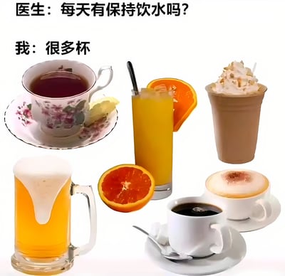 图片上方是医生和“我”的对话文字，医生问“每天有保持饮水吗？”，“我”回答“很多杯”。下方拼贴了六种不同的饮料图片，从左到右、从上到下分别是：带花纹的茶杯配柠檬片、插着吸管的橙汁（杯口有橙子片装饰）、顶部有奶油的奶茶、泡沫溢出的啤酒杯、切开的血橙、以及两杯咖啡（一杯有拉花）。通过幽默的方式展现了人们常把各种饮料当作“饮水”的生活场景，形成对健康饮水建议的调侃。