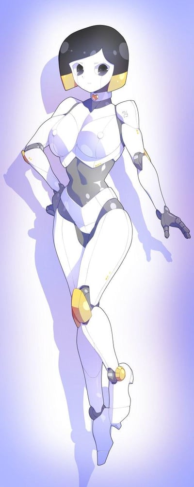 一张科幻风格的女性机器人插画，机器人拥有白色和灰色的机械身体，黑色短发带有黄色点缀，呈现出流线型的未来主义设计。她站立着，一只手放在臀部，另一只手自然伸展，表情平静中性。背景是从浅紫色到蓝色的渐变，突出显示了机器人的轮廓和形态。