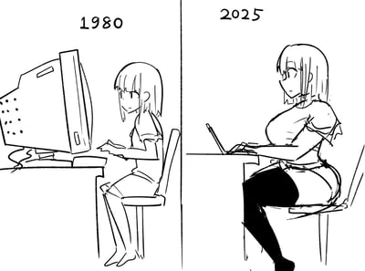 这是一张左右对比的黑白线稿漫画，左侧标注"1980"，显示一个短发女孩正坐在桌前使用一台老式CRT电脑，她穿着简单的T恤和短裤，坐姿端正，表情专注。右侧标注"2025"，显示一个长发女孩坐在桌前使用笔记本电脑，她的穿着更显时尚，表情较为随意。通过两个时代的对比，展现了计算机技术的发展和审美观念的变化。