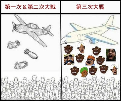 这是一张对比一战二战与第三次大战的梗图。左侧面板标题为"第一次 & 第二次大戰"，展示了一架老式军用飞机和几颗炸弹，代表传统战争模式；右侧面板标题为"第三次大戰"，展示了一架客机和多个不同种族、表情的人脸，暗示现代冲突可能更多涉及人口、移民等人文因素而非传统军事武器。