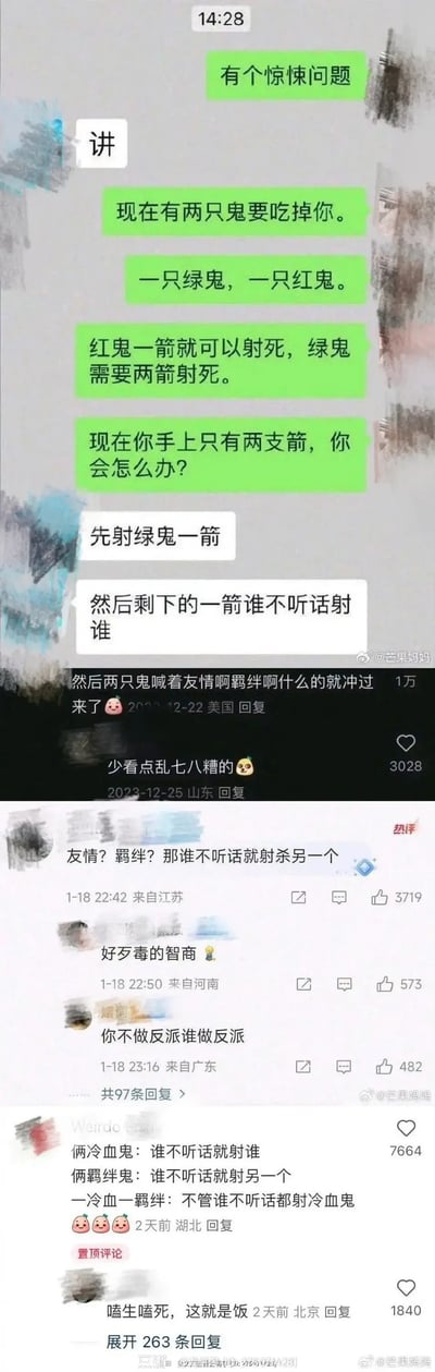 社交媒体聊天记录截图，内容为一个关于绿鬼和红鬼的射箭谜题互动。谜题描述：两只鬼（绿鬼需两箭射死，红鬼需一箭射死），手中仅有两支箭，该如何应对？回复称“先射绿鬼一箭，然后剩下的一箭谁不听话射谁”，引发网友评论调侃“少看点乱七八糟的”，整体氛围幽默搞笑。