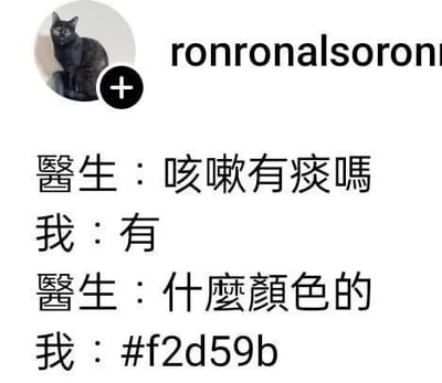 这是一张社交平台发帖风格的搞笑梗图，顶部展示了发布者的圆形头像（内容为一只蹲坐的黑猫）和部分用户名ronronalsoron，下方是一段虚构的医患对话：医生询问就诊者咳嗽是否有痰，就诊者给出肯定回答后，医生继续询问痰的颜色，就诊者却回答了十六进制颜色代码#f2d59b，将职业场景下的色号表述代入日常看病场景，制造出反差笑点，精准戳中需要频繁使用十六进制色号的设计师、前端开发等相关从业者的日常习惯。