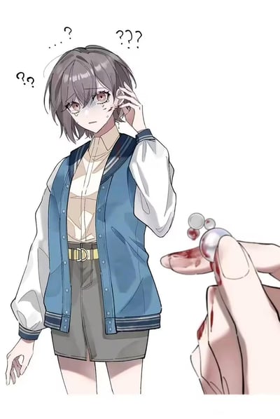 画面左侧是身着蓝白拼接棒球服、内搭浅卡其色衬衫的短发二次元女生，她脸上挂着泪痕，脸颊沾有血迹，头顶飘着多个问号，一手扶着耳朵，满脸困惑无措；画面右侧是沾着血迹的手指，捏着一枚带血的隐形眼镜，旁边还有小型的镜片部件。场景表现的是女生刚弄掉隐形眼镜，还未反应过来眼部出血的原因，正处于迷茫不解的状态。