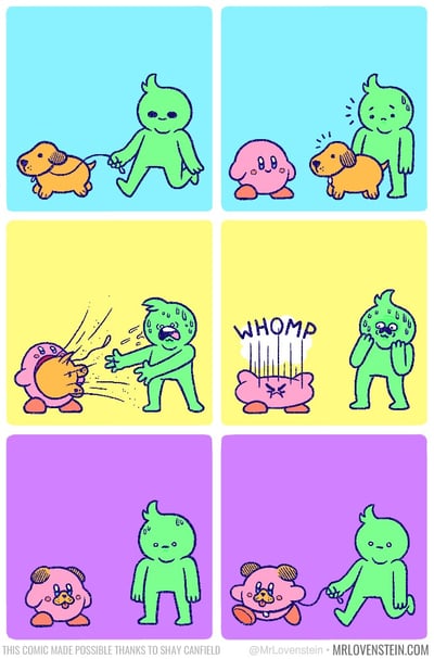 这是一组六格搞笑连环漫画，讲述了一个荒诞的日常遛狗故事：第一格，绿色小人牵着一只黄色小狗悠闲散步；第二格，粉色的卡比出现，小狗凑上前与卡比互动，绿色小人站在一旁看着；第三格，卡比发动《星之卡比》系列经典的吸收能力，将整只小狗吸入口中，绿色小人见状吓得浑身冒汗、大张嘴巴，惊恐地后退；第四格，吸完小狗的卡比发出“咚噗”的声响后瘫软在地，绿色小人捂脸，一脸震惊又无奈；第五格，卡比变身成了黄色小狗的模样，绿色小人站在旁边，表情恢复平静；第六格，绿色小人牵着变身成小狗的卡比，继续悠闲地散步，仿佛刚才的荒诞一幕从未发生。漫画利用卡比吸收变身的经典设定，将日常遛狗场景与奇幻变身结合，制造出反差强烈的搞笑效果，荒诞又充满趣味。