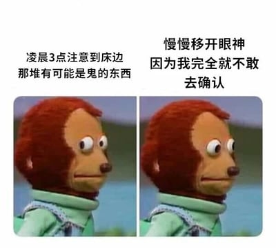 这是一张左右对比的图文混排梗图，左侧画面中红棕色毛发的猴子木偶瞪大双眼，配文“凌晨3点注意到床边那堆有可能是鬼的东西”；右侧同一木偶眼神缓慢右移，配文“慢慢移开眼神 因为我完全就不敢去确认”。通过木偶夸张的表情和生活化的场景，幽默展现了人们深夜独处时对未知事物的恐惧与怂态，引发共鸣。
