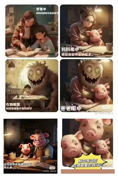 这是一组由6张AI生成图拼接的搞笑梗图，通过不同角色的视角反差，调侃家庭辅导作业的日常：
1. 孩子想象中：妈妈温柔耐心地陪自己写作业；
2. 妈妈眼中：自己温柔陪伴，孩子是憨态的小猪；
3. 孩子眼中：妈妈是恐怖的大怪兽，自己弱小无助；
4. 爸爸眼中：妈妈是怪兽，孩子是小猪；
5. 妈妈眼中爸爸辅导作业：父子俩都是小猪；
6. 期中考试后老师眼中：一家三口全是小猪。
用夸张的AI形象，精准戳中辅导作业时亲子间的矛盾和家人间的视角差异，充满搞笑吐槽的氛围。