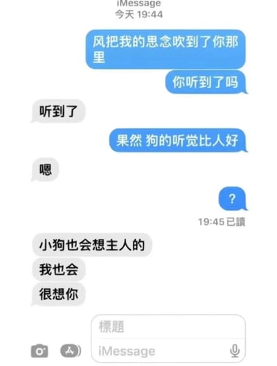 这是一张苹果iMessage的竖屏聊天记录截图，记录了一对情侣间充满趣味的甜蜜互动。发送方先以浪漫的语句开启对话：“风把我的思念吹到了你那里，你听到了吗”，在接收方回应“听到了”后，发送方顺势调侃“果然 狗的听觉比人好”，试图打趣对方；但接收方没有反驳，反而顺着“狗”的设定回应“小狗也会想主人的，我也会，很想你”，这种反套路的甜蜜回应让发送方发出疑惑的问号，整个对话氛围轻松又充满爱意，展现了情侣间独特的相处情趣。