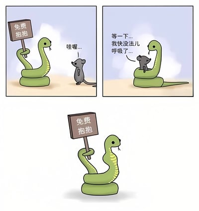 这是一幅三格连环漫画。第一格中，一条绿色的蛇用身体卷着一个写有“免费抱抱”的木牌，面对一只灰色的小老鼠，老鼠发出“哇喔...”的惊叹。第二格里，老鼠已经被蛇的身体缠绕住，面露难色地说“等一下... 我快没法儿呼吸了...”。第三格是蛇单独的特写，它依然保持着举着“免费抱抱”牌子的姿势。漫画通过蛇的“拥抱”行为与老鼠的实际困境形成幽默反差，带有黑色幽默的意味。