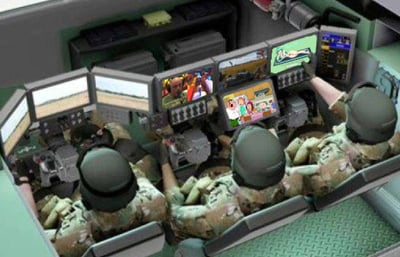 这是一张经过P图改编的3D渲染作品，画面呈现了一个严肃的军事指挥舱场景：三名身着迷彩服、头戴头盔的军人背对镜头坐在操作台前，本该显示军事作战监控、指挥内容的多块显示屏，却被替换成了各类娱乐内容，包括综艺节目画面、卡通动画、美女休闲图片等。严肃的工作场景与娱乐化的屏幕内容形成强烈反差，制造出军人在工作岗位摸鱼、不务正业的搞笑效果，以此调侃职场中常见的摸鱼划水行为。