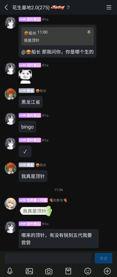 这是一张名为“花生基地2.0”的群聊截图，群内成员以谐音梗展开轻松互动：成员“船长”先发消息称“我是顶针”（谐音“我是东北的”），成员“双叶老公”用谐音提问“你是哪个生的”（实际是问“你是哪个省的”），“船长”回答“黑龙江省”，刚好对应谐音梗的提问，“双叶老公”回复“bingo”和对勾表示答对。之后“船长”和“知更鸟”重复“我真是顶针”延续玩梗，最后“双叶老公”转移话题询问有没有锐刻五代。整个对话充满趣味性，是群友间日常的轻松娱乐互动。
