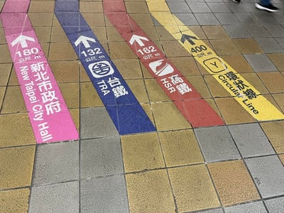 这是一张拍摄于中国台湾新北市街头的地面导向标识照片，地面铺设了四条不同颜色的长条指示带，清晰标注了目的地、距离与方向：
1. 粉色指示带：指向180公尺外的新北市政府（New Taipei City Hall）
2. 蓝色指示带：指向132公尺外的台铁（TRA）
3. 红色指示带：指向162公尺外的高铁（HSR）
4. 黄色指示带：指向400公尺外的环状线（Circular Line）
每条指示带都配有向上的箭头，帮助行人快速定位公共交通站点与市政场所，画面右上角可见行人脚部，呈现出真实的户外步行场景。