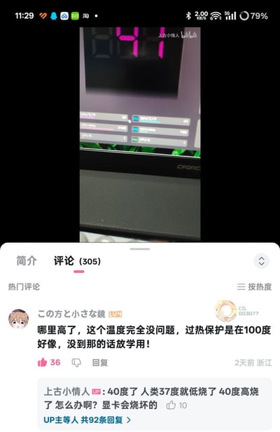 这是一张B站（哔哩哔哩）的竖屏截图，上方是视频里的显卡温度监控界面，显示GPU温度为41℃；下方是评论区的趣味互动：用户“この方と小さな鏡”表示显卡40多度完全在安全范围内，过热保护温度为100度，无需担心；UP主“上古小情人”则用人类体温类比，将显卡40度等同于人类高烧，用拟人化的认知误区制造出搞笑的反差效果。