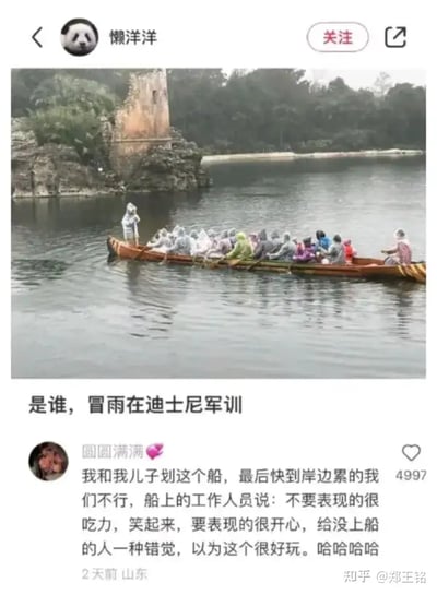 这张图的上半部分是社交平台用户“懒洋洋”发布的一张拍摄于水面的小船的照片。船上坐满了穿着雨衣的游客，天空阴沉，显然是下雨天气。配文调侃：“是谁，冒雨在迪士尼军训”，把划船游客比作在军训时被风雨淋湿、仍需努力的学生，制造出反差幽默。下半部分是一则搞笑吐槽评论，描述了自己划船体验的尴尬心情和工作人员的要求，让大家即便很累也要‘笑起来’，让没有划船的人以为很有趣，意外曝光旅游业的某种“小内幕”。

剧情氛围既有自嘲疲劳，也带有现实幽默和社交网络流行的‘游客体验吐槽’。

没有明显双关或谐音梗，但‘军训’用语将严肃情景嫁接到娱乐中，形成新型幽默。
