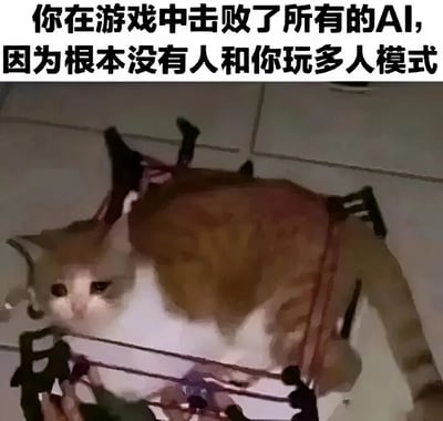 这是一张幽默梗图，上方配有文字“你在游戏中击败了所有的AI，因为根本没有人和你玩多人模式”，下方是一只橘白相间的猫仰卧在瓷砖地板上，表情平静中带着一丝无奈。图片通过猫咪的表情和文字内容形成反差幽默，自嘲游戏玩家因没有朋友一起玩多人模式而只能与AI对战的孤独处境。