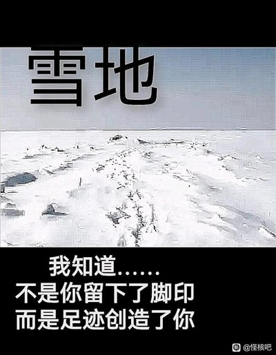 这是一张具有怪核风格的图文作品，画面主体是一片雪地，中间有一条延伸向远方的足迹，上方配有醒目的“雪地”二字，下方则以带有停顿感的文字写出“我知道……不是你留下了脚印 而是足迹创造了你”。这种反向的表述打破了常规认知，将“人创造足迹”的逻辑颠倒，营造出诡异、疏离的怪核氛围，引导观者以反常的角度思考自我存在与行为痕迹的关系，传递出一种不安又引人深思的情绪。