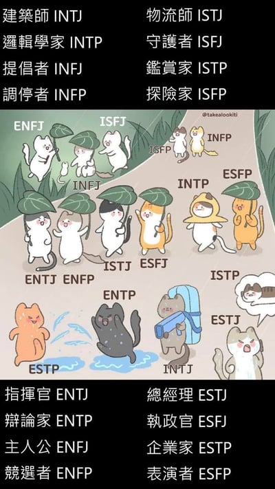 这是一张将MBTI十六型人格趣味拟人的卡通梗图，整体背景为下雨的户外道路场景，16种MBTI人格分别被设计为外形、神态、动作各不相同的卡通猫咪，精准对应每种人格的特质表现：ENFJ主动举着荷叶给同伴挡雨，INFP、ISFP站在路边怯生生躲雨，ESTP和ENTP兴奋地在水坑里踩水玩，INTJ准备了全套防雨装备十分从容，ESTJ满脸烦躁情绪外露，还有部分人格举着荷叶伞结伴同行。画面上下两侧分别标注了16种MBTI人格对应的中文官方称谓，右上角带有作者的账号水印。
