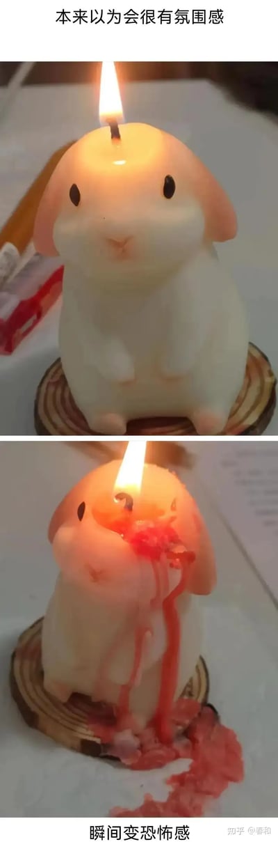 这是一张上下对比拼贴梗图。上部是一只造型可爱的兔子蜡烛点燃时的温馨画面，下部则因蜡烛融化流出红色蜡油，画面极具惊悚感，形成强烈反差。搭配文字‘本来以为会很有氛围感’和‘瞬间变恐怖感’，夸张凸显预期美好和现实翻车的极端反差，非常适合作为生活调侃类表情包使用。

图中红色蜡油设定，带来‘流血’的即视感，属于黑色幽默、反差梗表现。