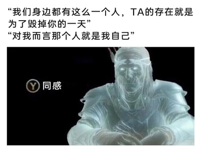这是一张图文混排的自嘲梗图，上方以两段递进式的文字完成自我吐槽：先铺垫“身边存在会毁掉一天的人”，随后转折指向自己，精准戳中人们自我内耗、自我否定的负面情绪；下方搭配FromSoftware开发的游戏《艾尔登法环》中的透明灵体NPC形象，旁边标注“Y 同感”的游戏互动式提示，将游戏里的按键互动逻辑融入梗图，强化了对这种自我负面情绪的共鸣感。整体风格诙谐又带着无奈的自嘲，容易引发有类似情绪体验的用户共情。
