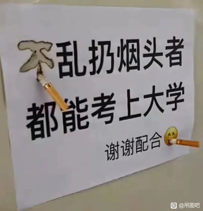 这是一张创意十足的不乱扔烟头提示标语图，标语以“不乱扔烟头者都能考上大学”为正向激励内容，搭配“谢谢配合”的礼貌用语。制作者用烟头在纸张上灼烧出“不”字的形状，还将烟头与笑脸表情结合，让表情呈现出叼着烟头的趣味效果，通过这种接地气又充满趣味的方式，来提醒人们不要乱扔烟头，利用学生群体较为在意的“考上大学”作为激励点，形式新颖，容易引发关注和共鸣。