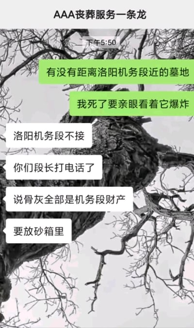 这是一段竖屏的聊天记录截图，背景为黑白枯树图，聊天双方是用户和名为“AAA丧葬服务一条龙”的对象。用户吐槽想找洛阳机务段附近的墓地，称死后要看着它爆炸，丧葬服务则用荒诞的回复调侃：段长打电话称骨灰是机务段财产，要放在砂箱里。这段对话用夸张、戏谑的方式表达了铁路职工对工作单位的不满，充满搞笑的吐槽意味。