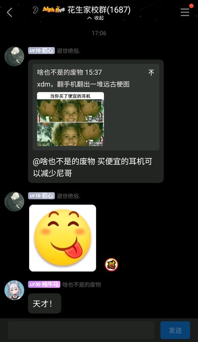 这是一张竖屏的手机群聊（花生家校群）截图，群成员“啥也不是的废物”分享了一张调侃便宜耳机的远古梗图，梗图通过小孩被两人凑在耳边的画面，分别对应购买便宜耳机的第一个月（双侧有声音）和第二个月（仅单侧有声音），以此调侃廉价耳机容易出现单侧损坏的质量问题。随后群成员“LV10 初心”针对梗图玩梗回复“买便宜的耳机可以减少尼哥”，并发送了一个吐舌头的滑稽表情，另一位群成员“LV30 纯牛马”则回复“天才！”表示认可，整个聊天过程是群友之间分享老梗图并趣味玩梗的轻松互动场景。