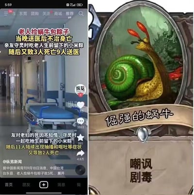 这是一张左右拼接的趣味梗图，左侧是抖音@纵览新闻发布的社会新闻截图，内容为中国台湾台东县一位老人捡拾野生蜗牛包粽子，食用后老人不幸身亡，守灵时亲友误食剩余粽子，进而引发3死9送医的严重中毒事件；右侧是暴雪娱乐旗下游戏《炉石传说》中的经典卡牌“倔强的蜗牛”，该卡牌带有“嘲讽”“剧毒”的核心属性。二者结合玩梗，用卡牌的“剧毒”属性精准对应新闻里带有致命毒性的野生蜗牛，将游戏设定与现实事件联动，形成调侃效果，凸显出该事件中蜗牛毒性的致命性。