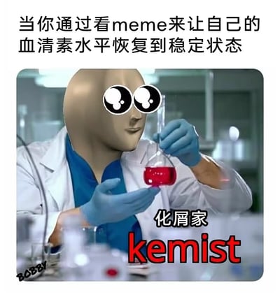 图片上方配有文字“当你通过看meme来让自己的血清素水平恢复到稳定状态”，主体是一位穿着白色实验服、戴蓝色手套的人物，其头部被替换为光滑 bald 造型并叠加超大圆形卡通眼睛，正手持装有红色液体的烧杯观察。人物下方标注“化屑家”及英文“kemist”，通过谐音“chemist”（化学家）制造幽默效果，调侃用meme调节情绪如同“化学实验”般神奇。